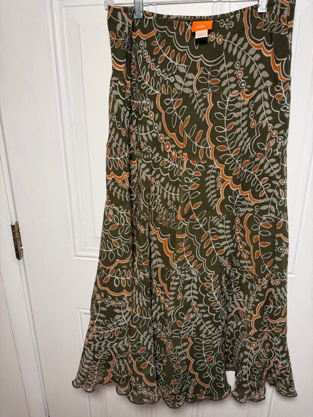 hearts of palm Olive Green Leaf-Print A-Line Midi Skirt with Orange Accents